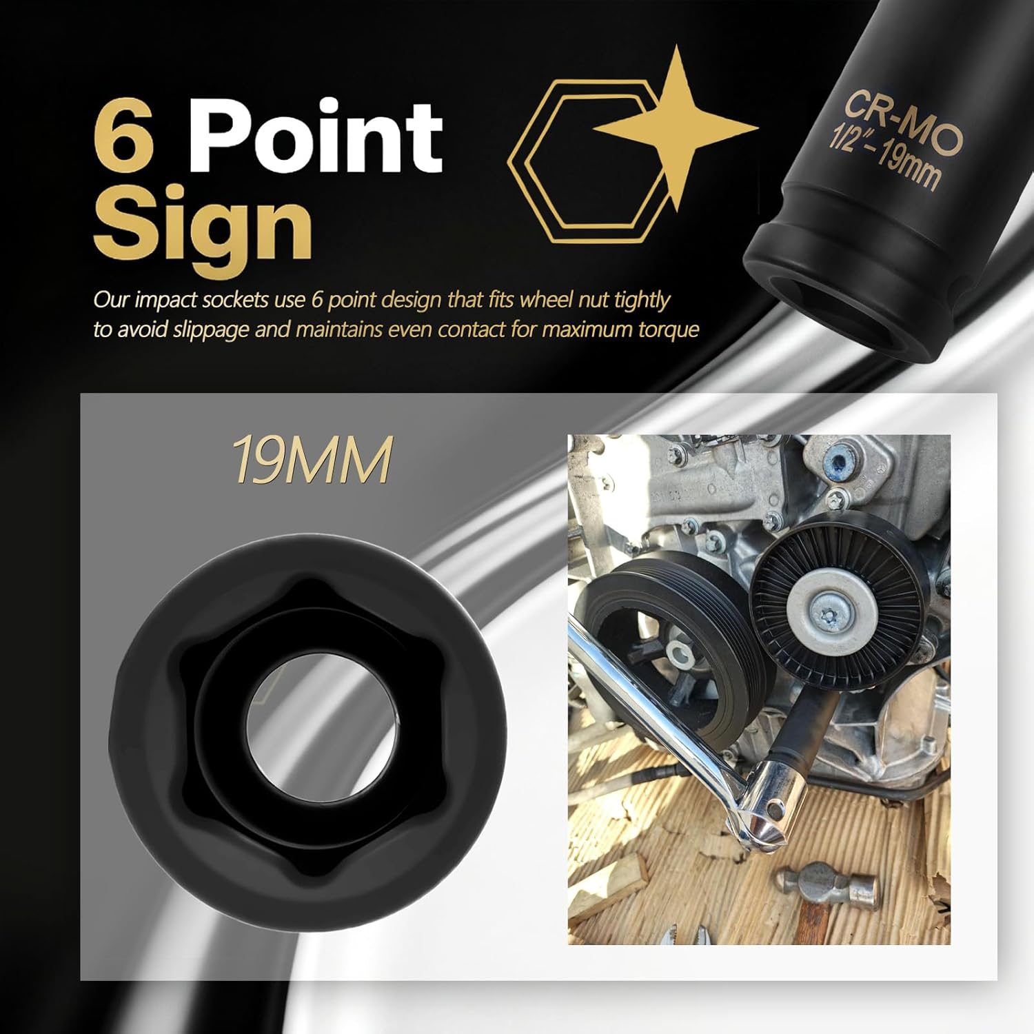 19mm Socket with 1/2" Drive,6 Point Anti-Slip Deep Socket for Dismantling Wheel Nuts,Professional Impact Sockets Set Driven by 1/2" Ratchet Wrench Car Accessories (19mm)