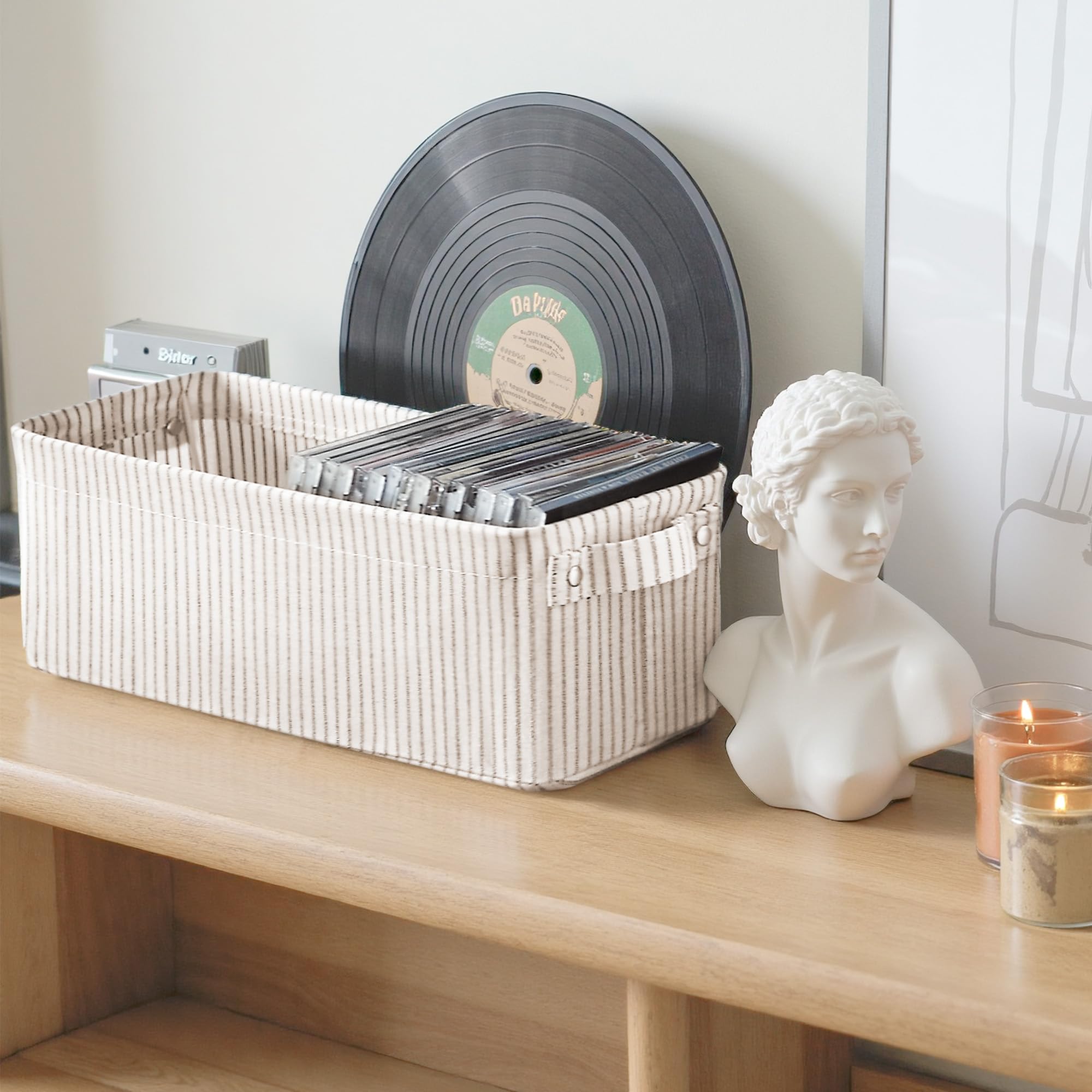 StorageWorks Cestas de almacenamiento estrechas, cajas largas con asas para organizar el armario, pack de 2, rayas beige