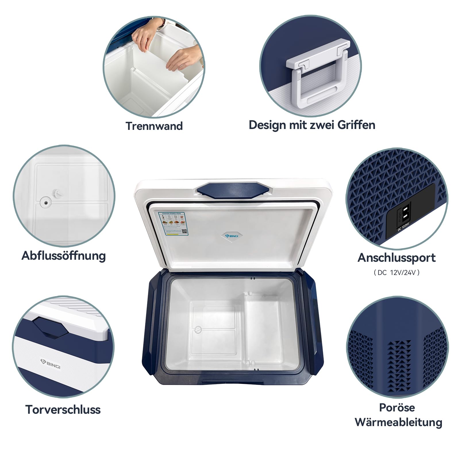 BINGI Kompressor Kühlbox 42L Tragbarer Auto-Kühlschrank 12/24V DC und 230V AC Mini Gefrierschrank für Auto, LKW, Camping, Wohnmobil und Zuhause (15℃ bis -18℃)
