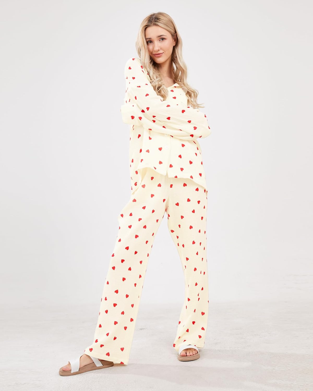 codcm Womens Pajama Sets Cotton Pj Set Cute Heart Print Long Sleeve Button Down Shirt With Long Pants
