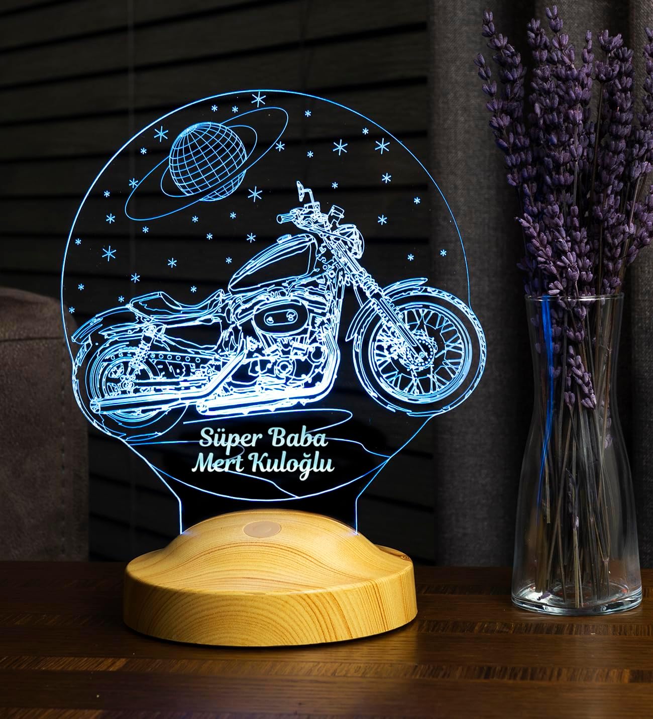 Süper Baba, Chopper Motosiklet, Motor Hayranı Babaya Hediye 3 Boyutlu, 3D Led Lamba