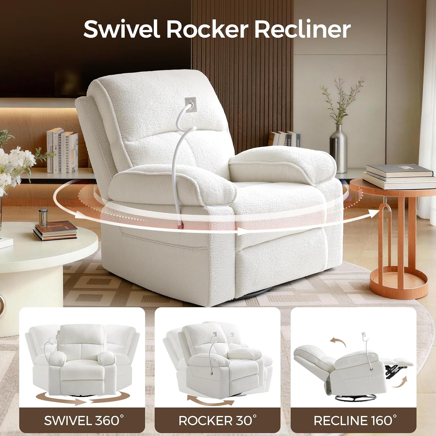 Teddy Fleece 360° Swivel Rocker Recliner Nursery Rocking Chairs with Phone Holder Manual Gilder Recliner Chair with Wide Foot Rest for Living Room and Baby Room
