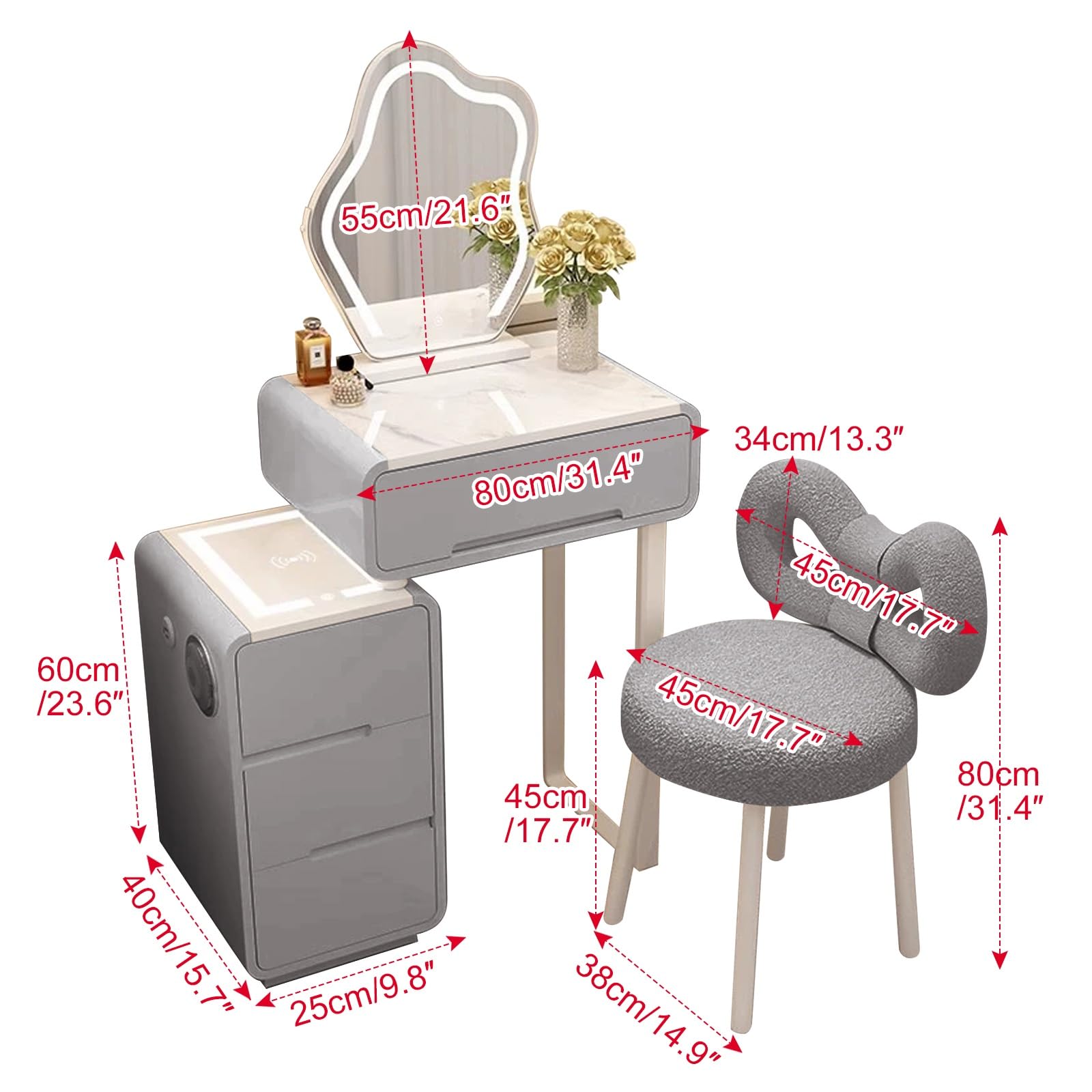 Smart Makeup Vanity Set con tavolo allungabile e specchio illuminato a LED, struttura in legno massello, sgabello imbottito, elegante design grigio, perfetto per gli amanti del trucco (80 cm)