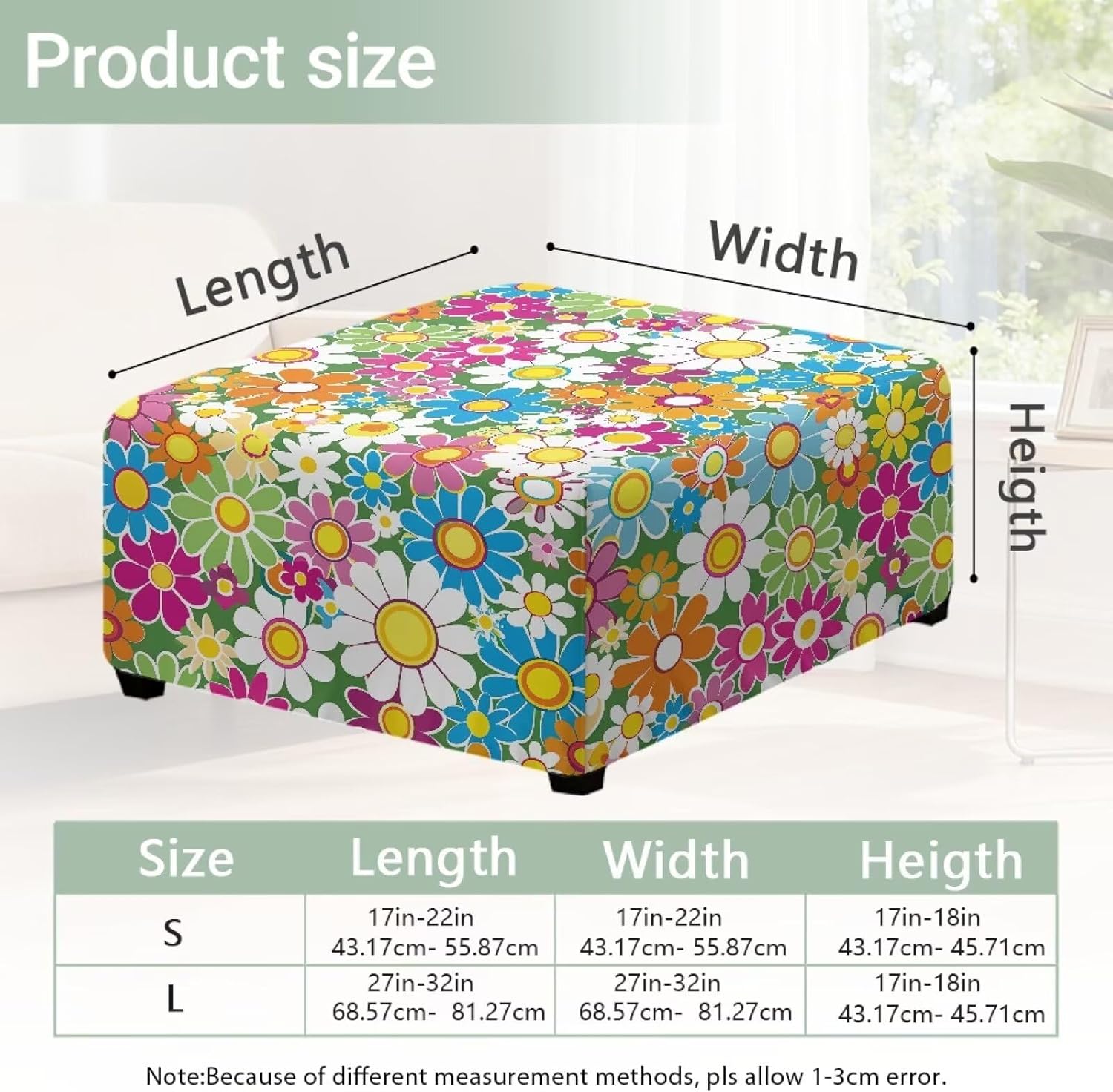 Colorful Daisy Flowers Ottoman Slipcover for Home Decorative 17" L x 17" W x 17" H Square Stool Cover Stretchy Footstool Protector Cover for Living Room Bedroom Office