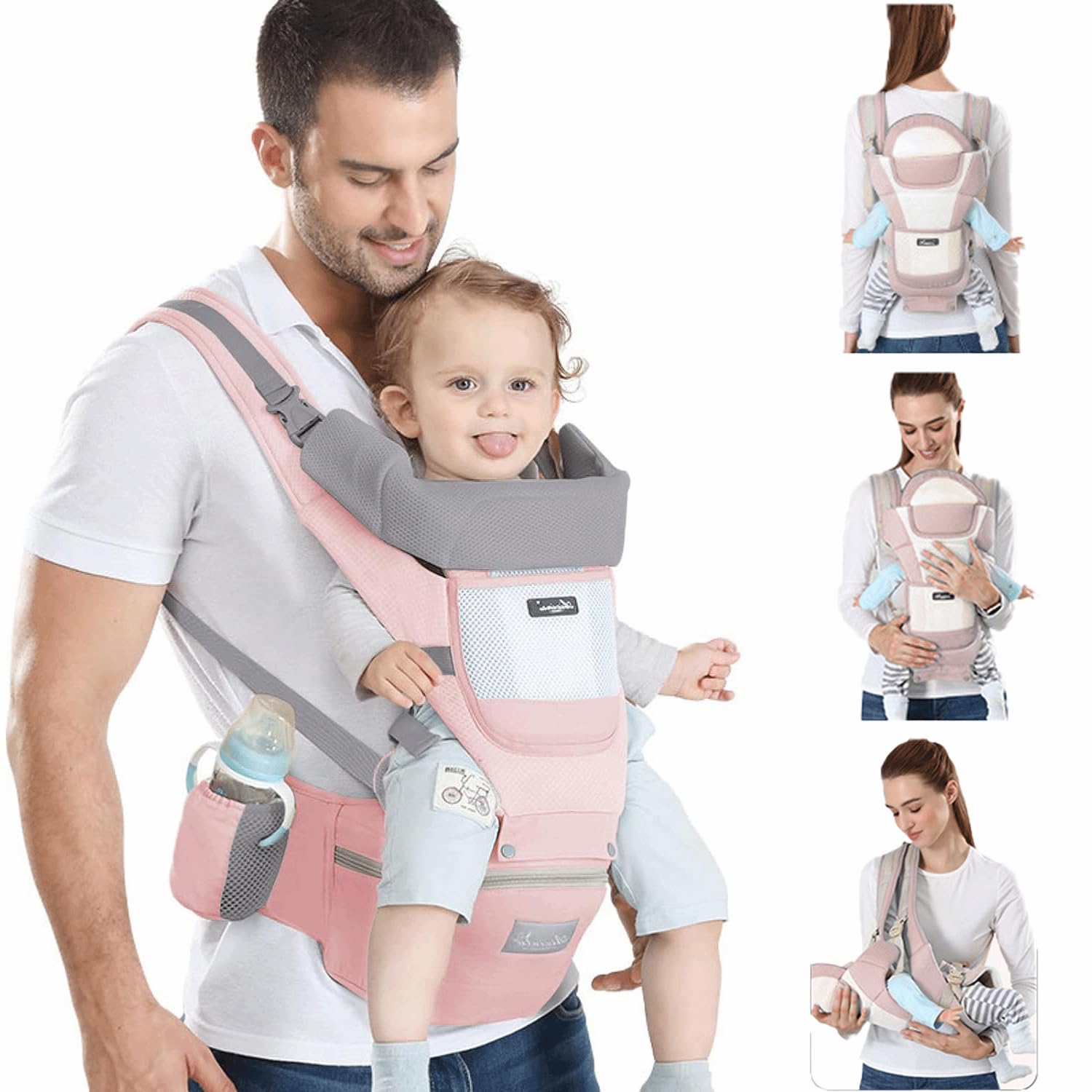 Baby Carrier Newborn to Toddler 6-in-1 Front and Back Carry - Baby Holder Carrier Hip Seat All Seasons Ergonomic All Positions Soft, convertible with Hood Adjustable Size - Shopping, Hiking, Traveling