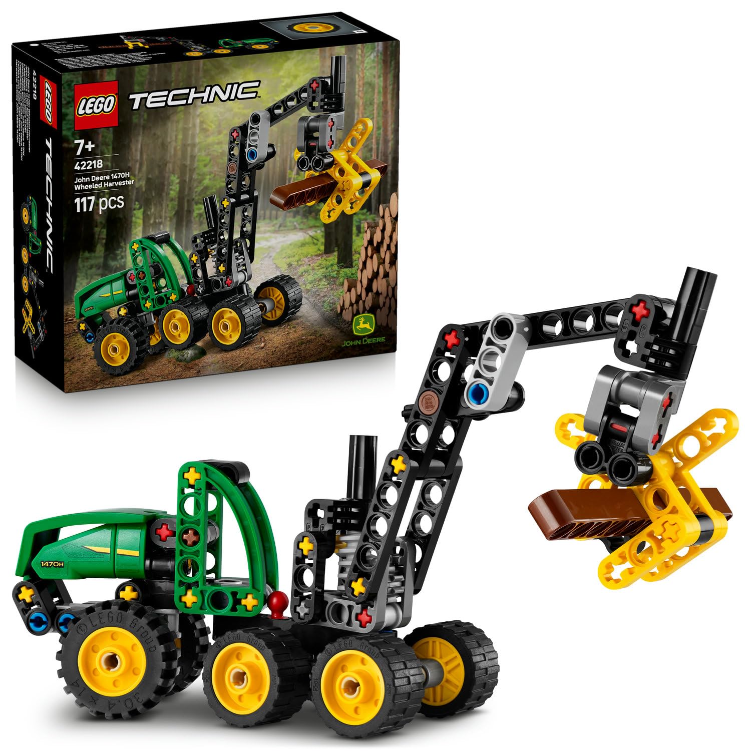 LEGO Technic John Deere 1470H Tekerlekli Orman Makinesi 42218 – 7 Yaş ve Üzeri Kız ve Erkek Çocuklar için Çalışan Kepçe ve Kütük İçeren Yaratıcı Oyuncak Yapım Seti, Eğlenceli Hediye Fikri (117 Parça)