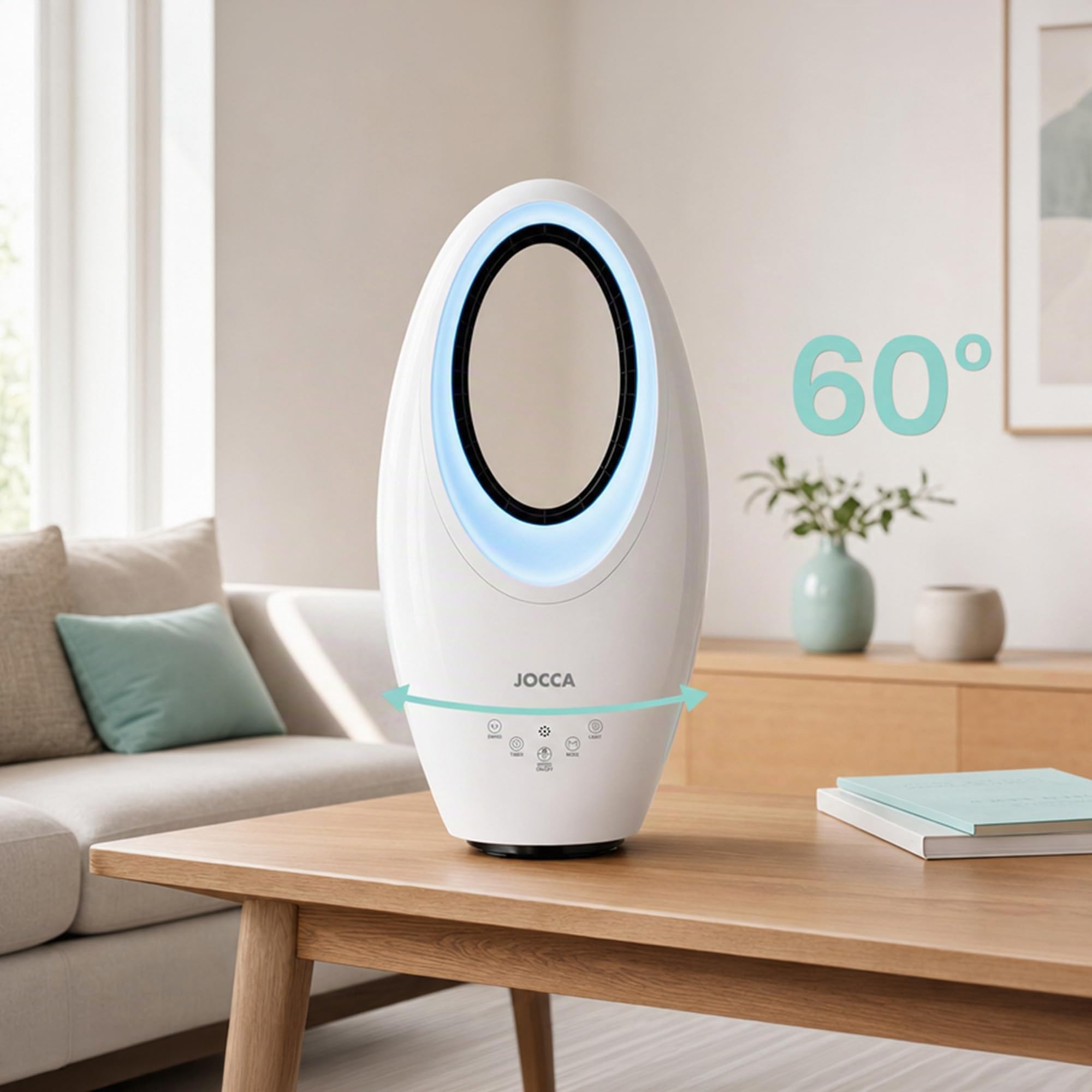 Jocca - Ventilateur Sans Pales avec Télécommande | Ventilateur Puissant et Silencieux | Lumière Nuit LED | 3 Vitesses | Commande Tactile | Minuterie | Blanc | 29,2x17,1x57,2cm