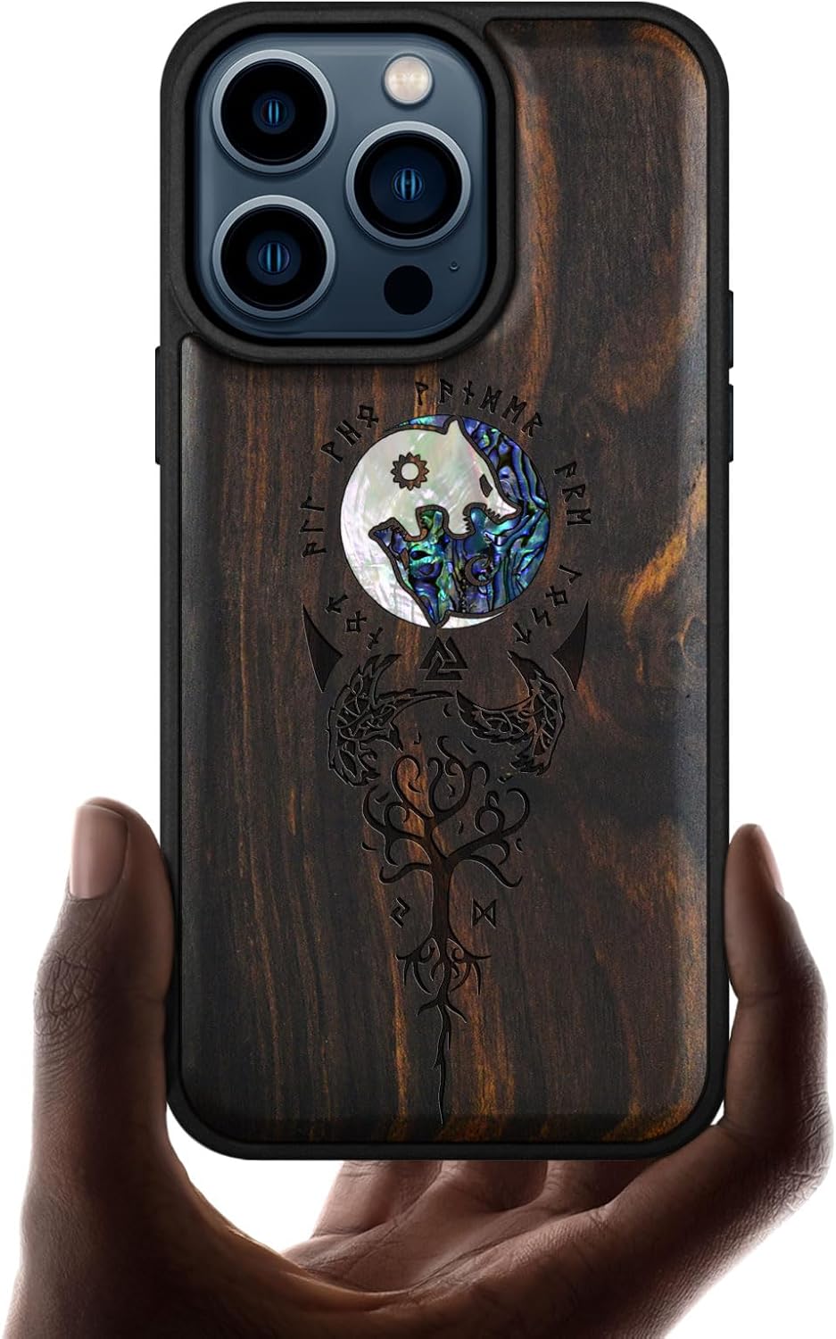 Carveit Wooden Case for iPhone 15 Pro Magnetic Case, Compatible with MagSafe Wireless Chargers, Shockproof Cover, Handmade Shell Inlaid & Wood Artisan Engraved (Yin Yang Wolf) Blackwood