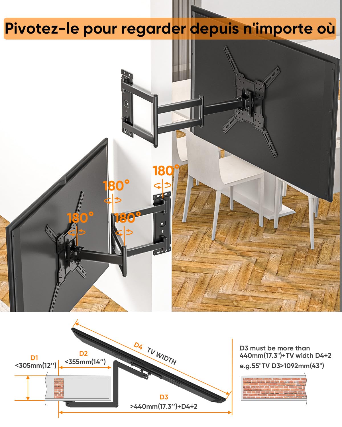 FORGING MOUNT Support Mural TV à Longue portée Support TV d'angle pour TV de 26 à 65 Pouces, Bras Extensible de 1035 mm avec Fixation Murale TV Paysage ou Portrait, VESA Max 400x400mm, jusqu'à 35kg
