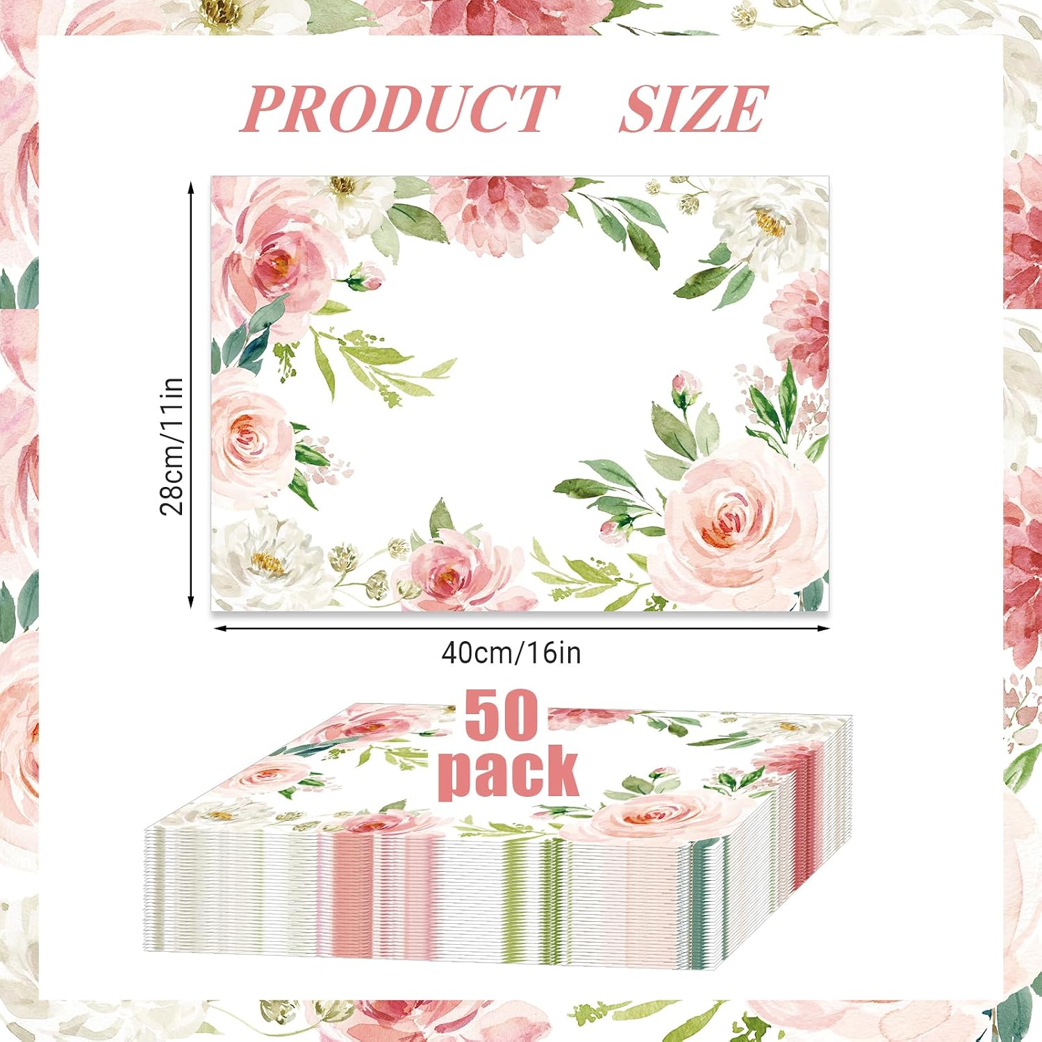 50 Pcs Floral Paper Placemats, 11x16 Inch Watercolor Flowers Summer Disposable Placemats Pink Roses Summer Spring Table Mats for Wedding Birthday Home Party Table Settings Supplies