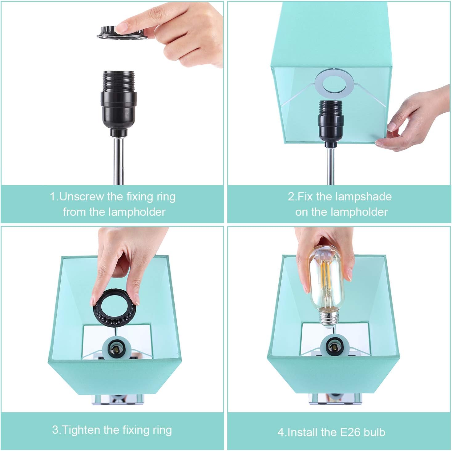 USB Table Lamp, Aooshine 3 Way Touch Control Bedside Lamp with Dual USB Charging Ports & Dual 2-Pin Outlet, Light Blue Lampshade and Sliver Base, E26 Base 2700K Warm White LED Bulb Included - - 