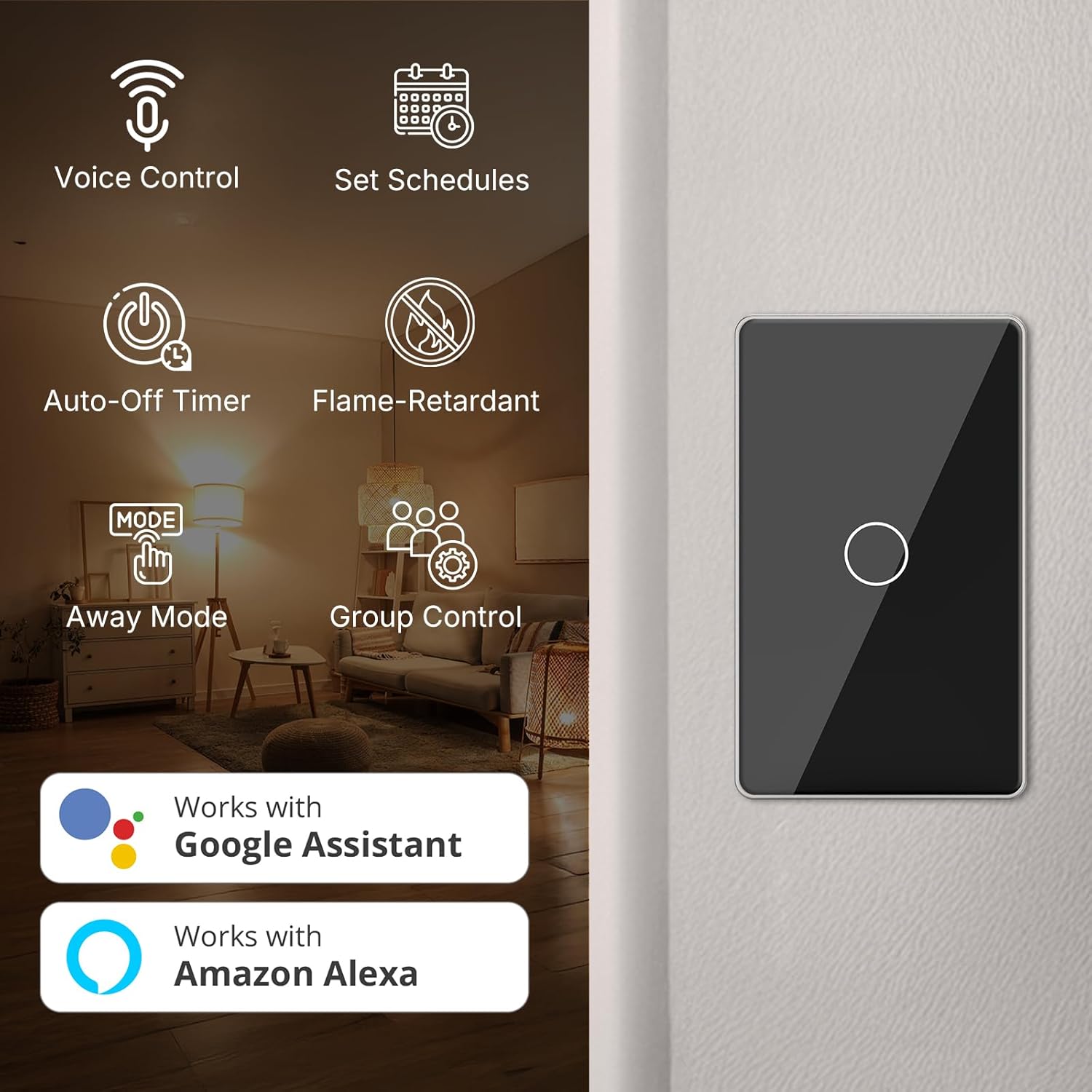 2nd Generation WiFi RF433 Smart Touch Wall Single Fire Smart Light Switch,No Neutral Wire Needed Compatible with Smart Life/Tuya App, Compatible with Alexa and Google Home (Black 1 Gang)