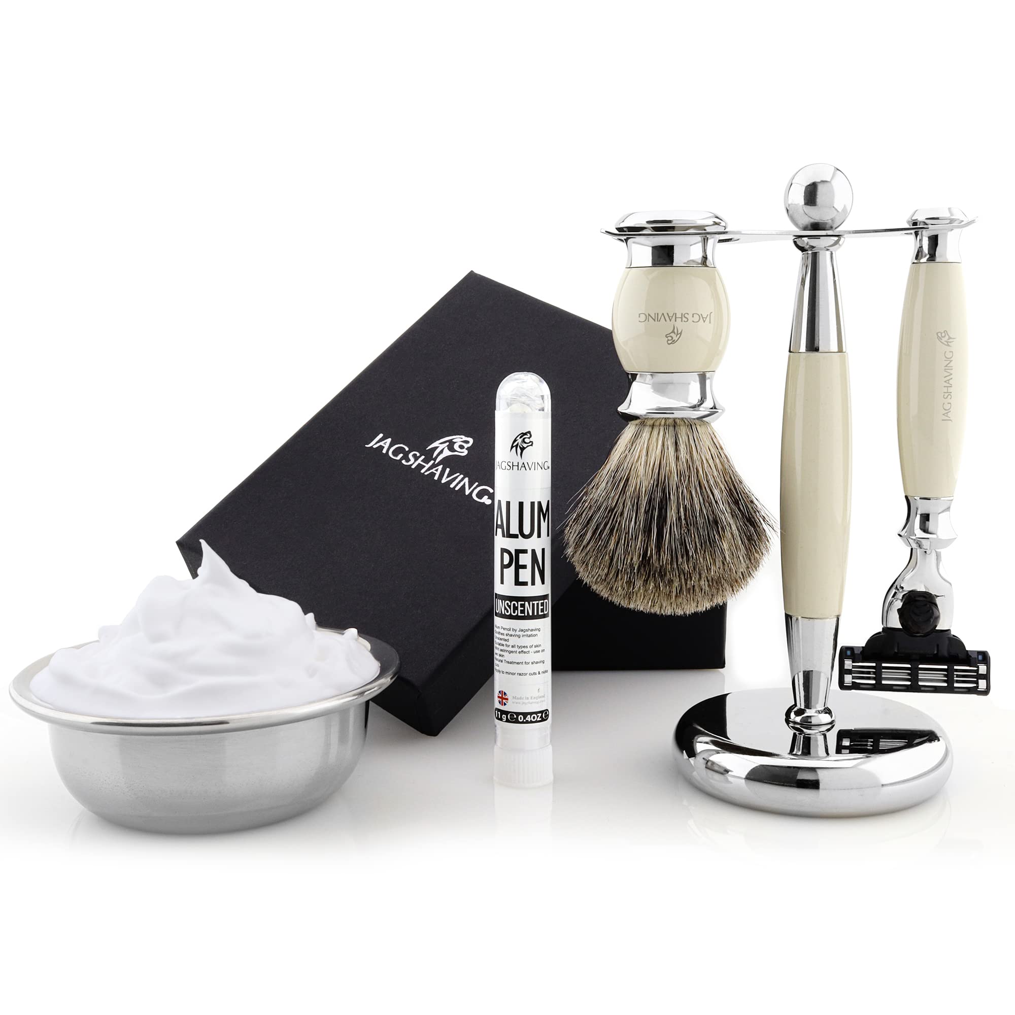 Ivory shaving set 100% Hand Made Shaving Set in Ivory for Men's. Set Includes Pure Super Badger Hair Brush, 3 edge Razor, Shaving Bowl with Soap and Brush Dual Holder/Stand
