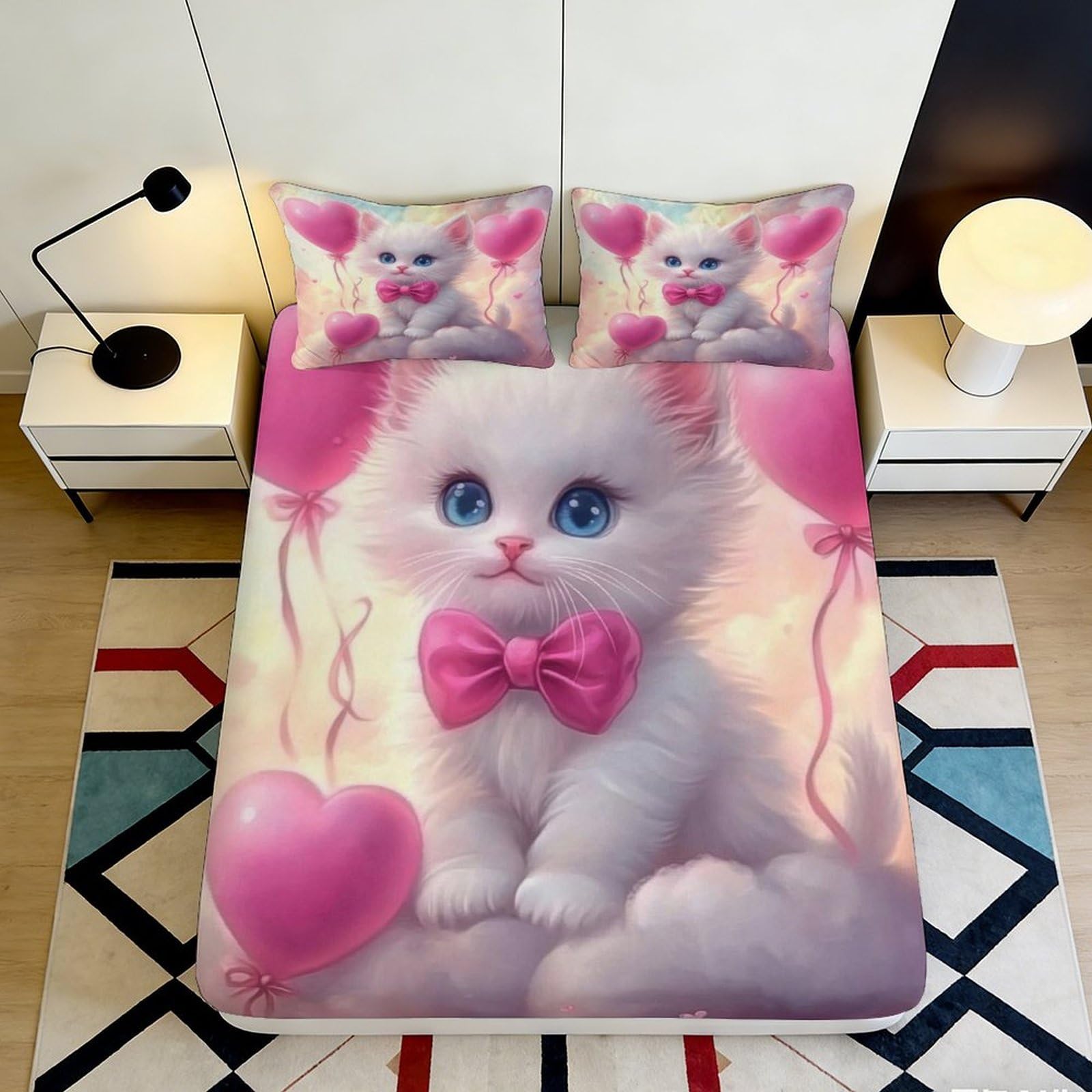 3D Printed cute white kitten Fitted Sheet pink bow Microfiber soft touch wrinkle resistant bedroom decor apartment bedding 90x200x25cm