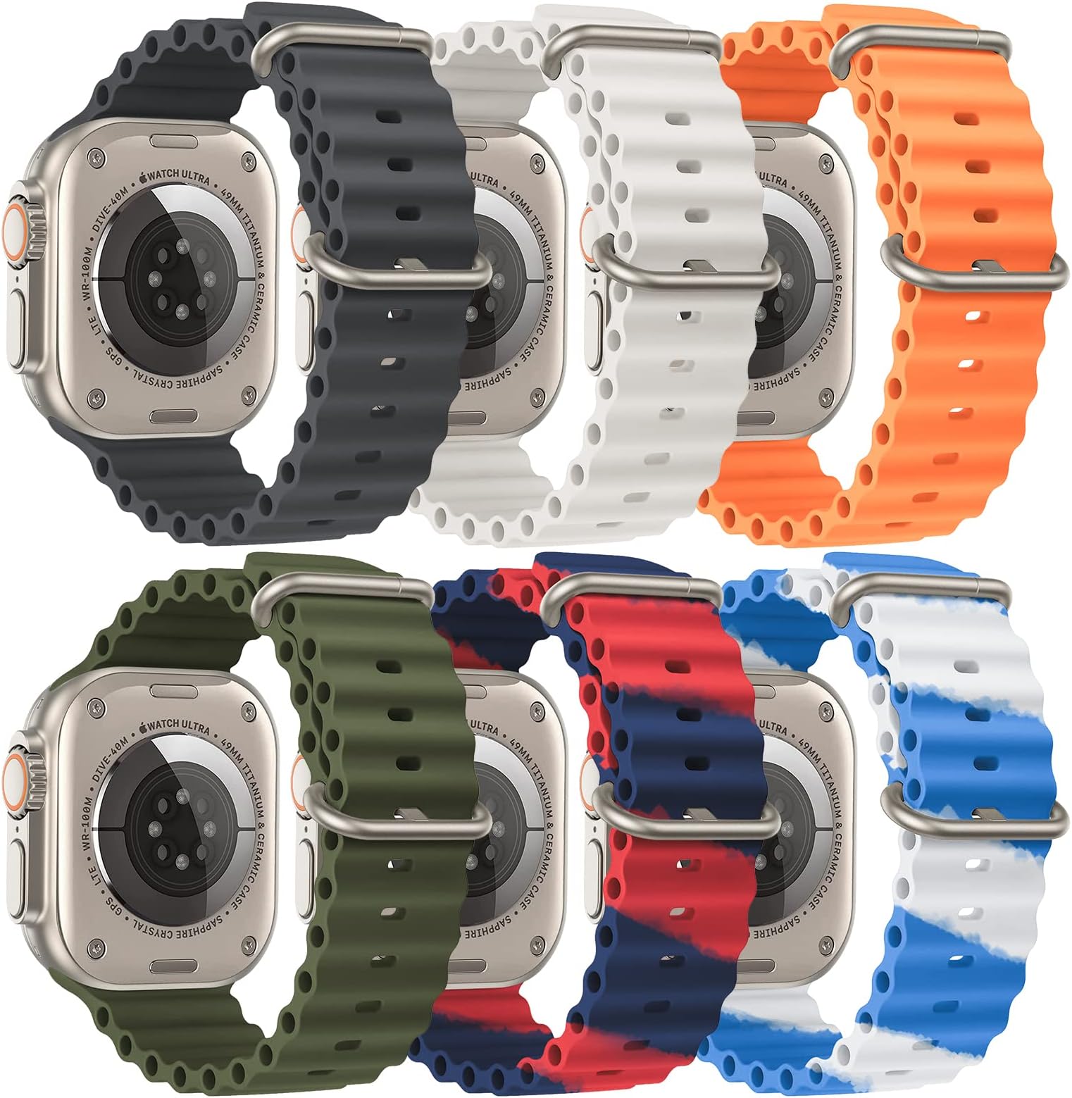 [6 Packs] Ocean Sport Band Compatible with Apple Watch Band 49mm 45mm 44mm 42mm 41mm 40mm 38mm Women Men,Adjustable Smart Watch Strap Band Replacement Strap for Iwatch Ultra Series 8 7 6 5 4 3 2 1 SE