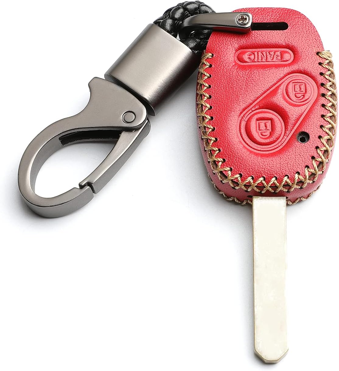 WFMJ Leather for Honda Fit Odyssey Ridgeline Accord CR-V CR-Z Insight 3 Buttons Key Case Cover Fob Chain (Red)