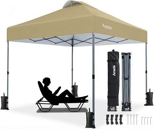 Amada 10x10 Pop Up Canopy Tent, 1-Button Push Easy-up Outdoor Canopy Beach Tent with 3-Height Adjustable Waterproof Shade Shelter, Wheeled STO-N-Go Bag 8 Stakes, 4 SandBags (10x10ft Khaki)