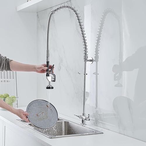 Miniatura 2 de Grifo de fregadero comercial con rociador de 39 pulgadas de altura, montaje en cubierta, un solo agujero, doble mango, resorte en espiral, rociador,