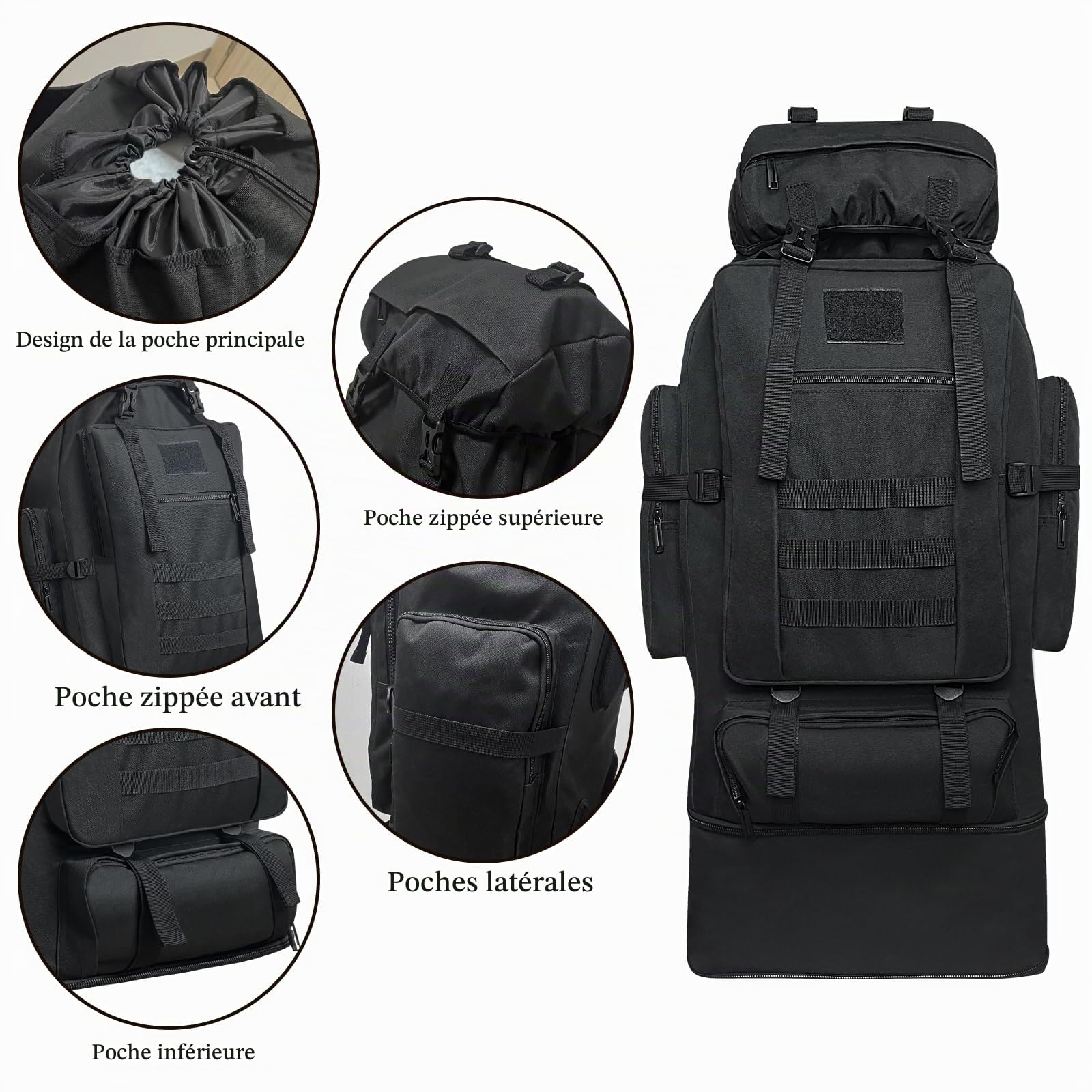 Sac à Dos De Randonnée De Camping 100L, Sac à Dos Tactique Militaire Molle, Sac à Dos De Randonnée Extra Large, Sac à Dos De Voyage, Sacs de Trekking de Camping Résistants à l'eau (Noir)