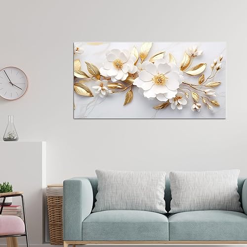 Miniatura 2 de daktenn Lienzo decorativo para pared para sala de estar, dormitorio, oficina, arte de flores blancas y doradas, arte de pared botánico grande,