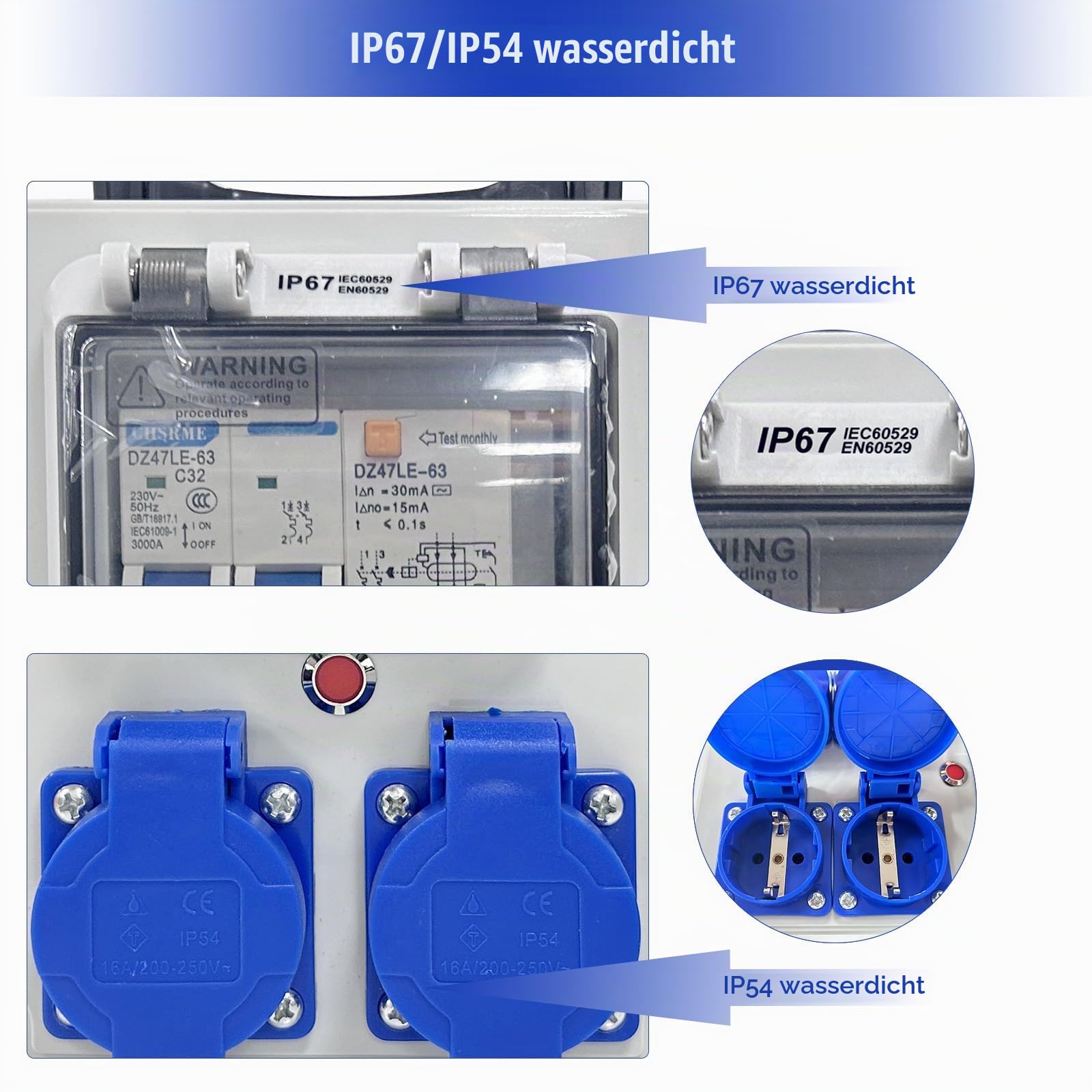 Baustromverteiler - Stromverteiler mit FI Schalter - Wandverteiler mit Leitungsschutzschalter - 250V 2 Polig Wandverteiler mit 2xSchuko-Steckdose 16A Stromverteiler Wasserdicht (2 Fach 2P + E)