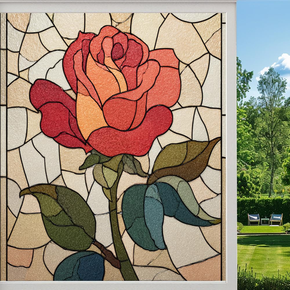 Vintage Roses Frosted Window Film, Spring Floral Plants Stained Glass Privacy Film, Heat Insulation Self-Adhesive Vinyl for Bathroom Office, （45x100cm）