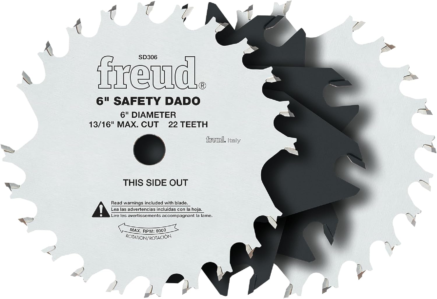 Freud 6" Safety Dado Sets with TiCo Hi-Density Carbide for Maximum Performance - 18 Teeth, Ideal for Cutting Slots & Grooves, Silver I.C.E. Coating, Includes 2 Blades, 5 Chippers, and Shim Set - SD306
