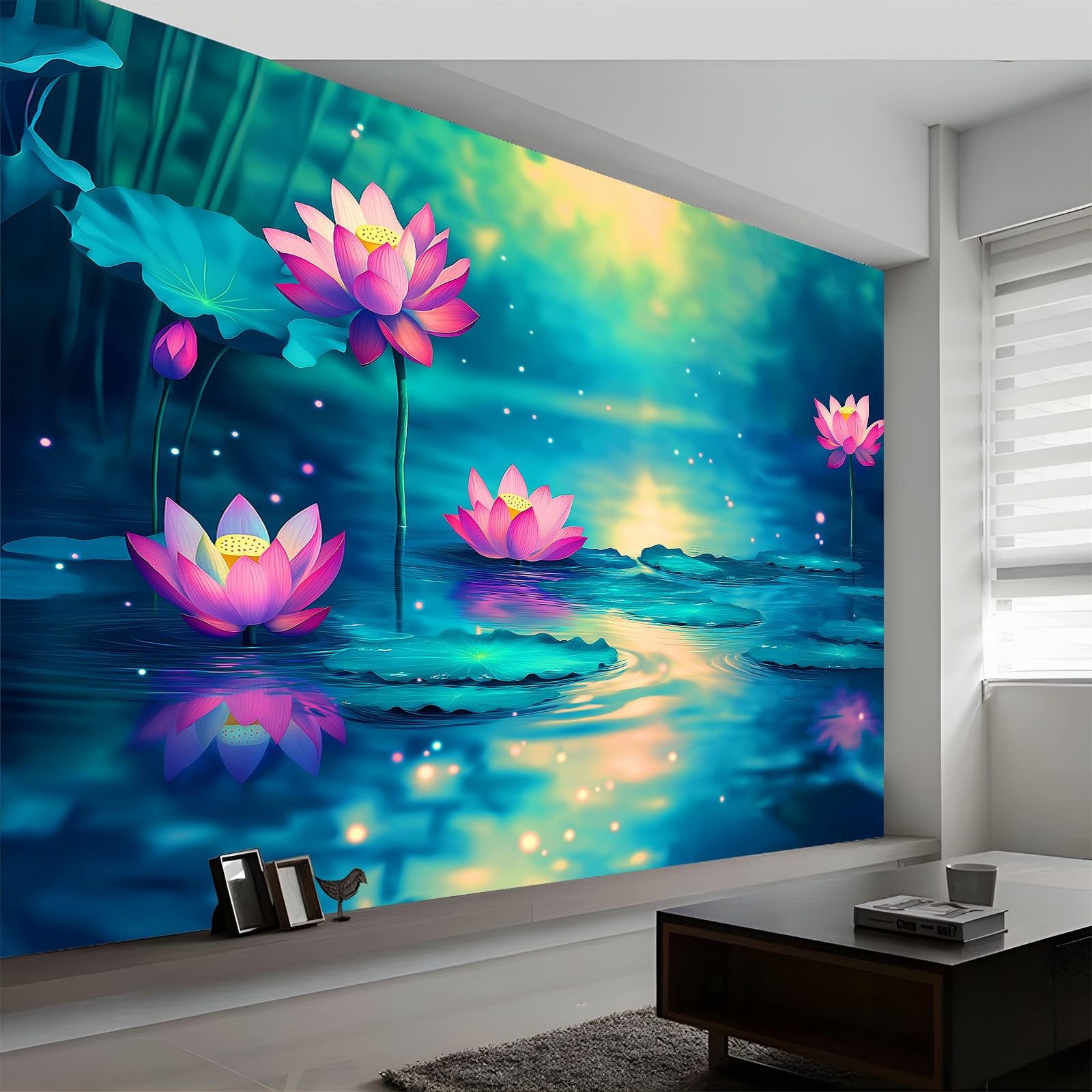 Générique Panoramiczna tapeta 400 x 280 cm tajemnica kwiaty lotosu włóknina XXL fototapeta dekoracja ścienna gobelin salon sypialnia - tapeta Trompe l'eil efekt 3D, niebiesko-zielona