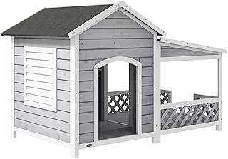 PawHut Wooden Dog House Outdoor with Porch, Cabin Style Raised Dog Shelt...