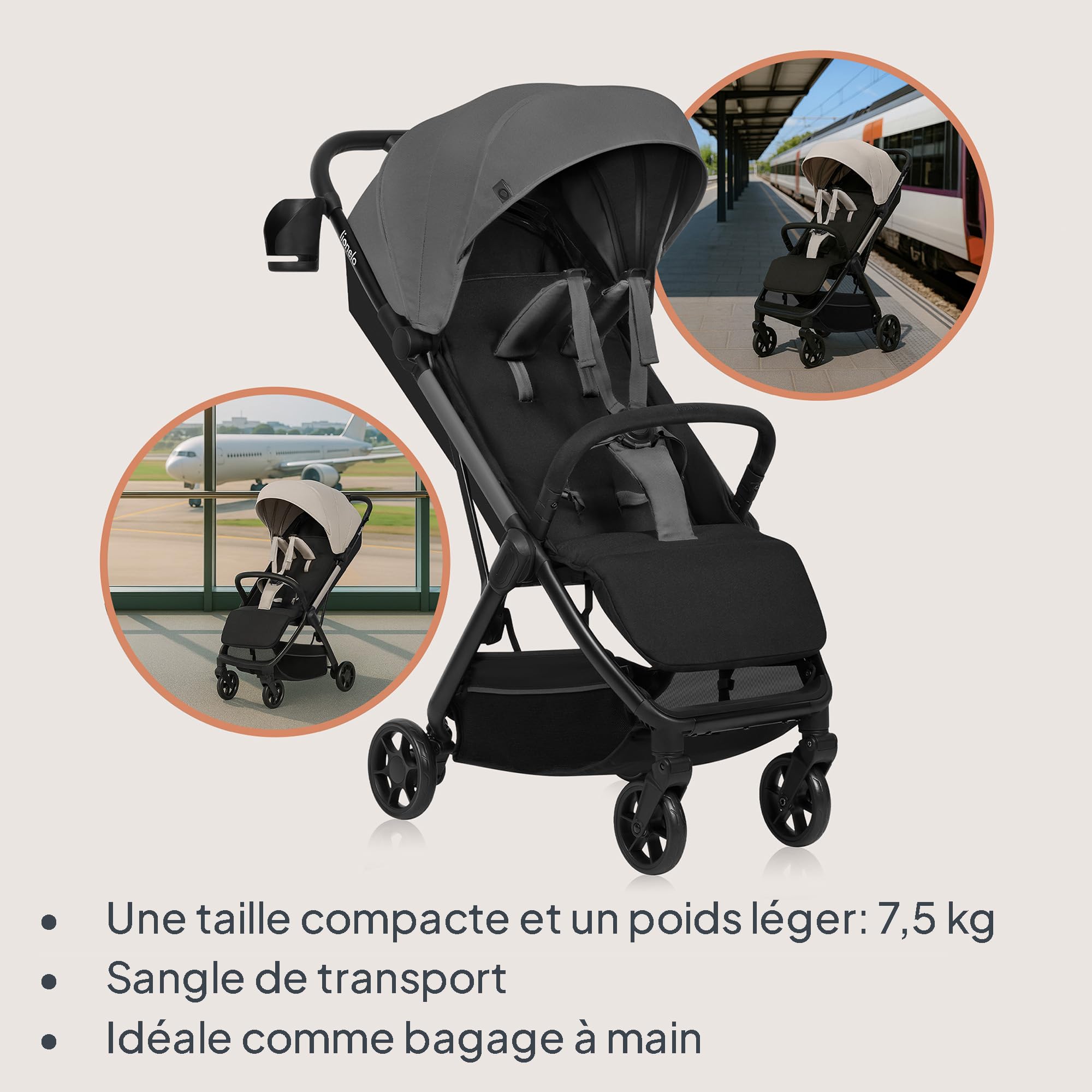 LIONELO Julie Air Poussette Canne jusqu'à 22 kg de 6 m à 4 ans Pour Avion Roues pivotantes à 360 ° Suspension Pliage avec Une Main Réglage du Dossier Canopy UPF50+, Légère (Grey)