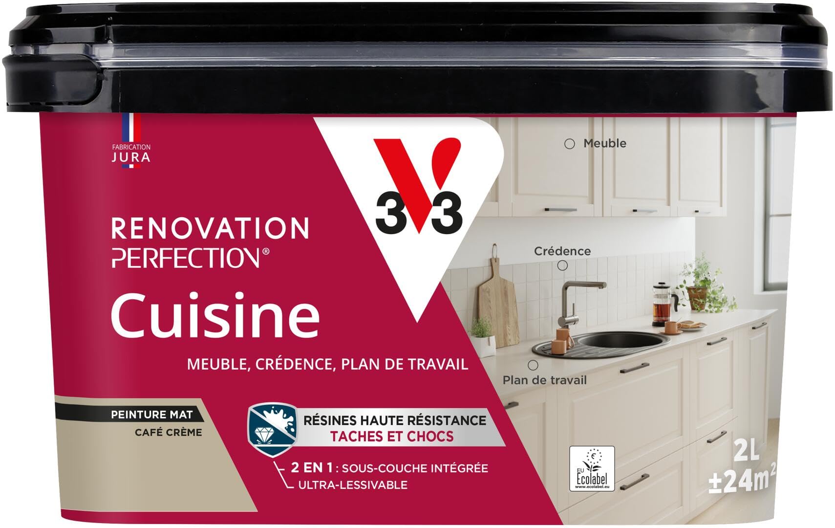 V33 Peinture Rénovation Perfection® Cuisine Brun Ocré Satin - 2L | Haute Résistance taches et Chocs - Ultra-Lessivable - Meuble - Crédence - Plan de travail