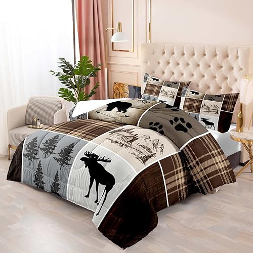 Miniatura 3 de LUVIVIHOME Juego de edredón rústico de 3 piezas, tamaño King, oso negro, ciervo, alce, alce, bosque, animales del bosque, caza de vida silvestre,