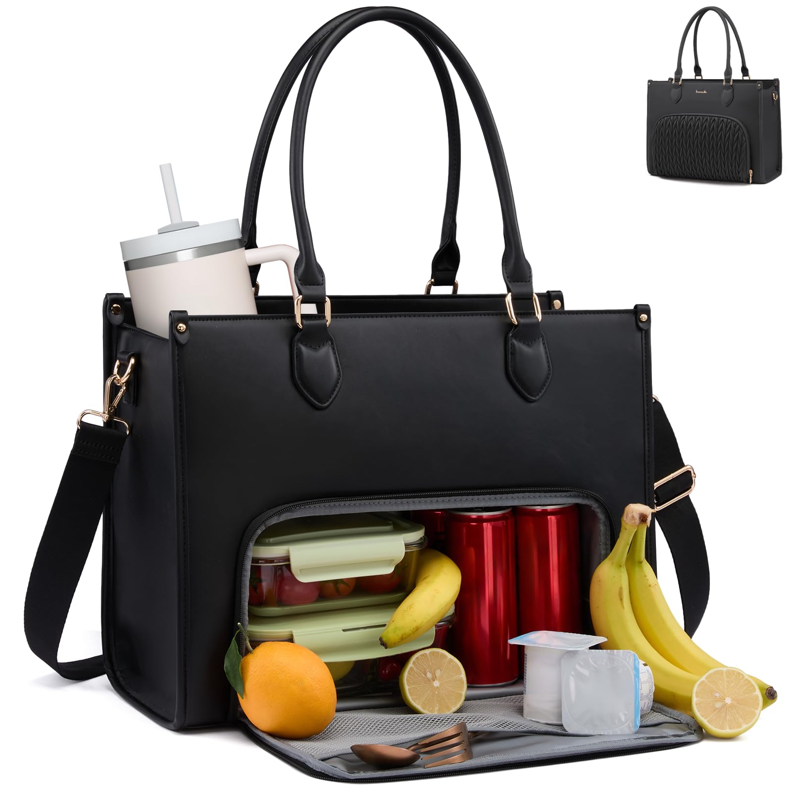 LOVEVOOK Arbeitstasche Damen mit Isoliertem Kühlfach, 15,6 Zoll Laptoptasche Leder, mittelgroß