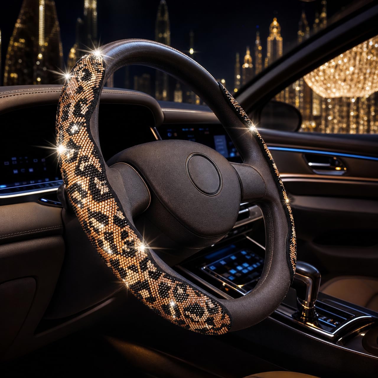 Bling Leopard Print Steering Wheel Cover with Rhinestones