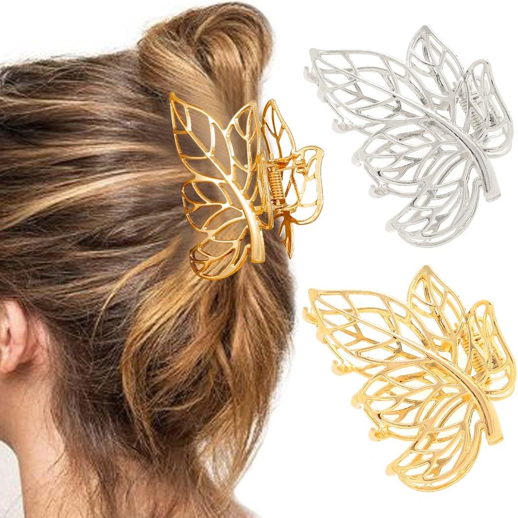 CAKURE Leaf Hair Claw Clips Gold Metal Hair Clips Medium Nonslip Hair Claws Leaves Hair Accessories for Women (Pack of 2) (a-gold&silver)