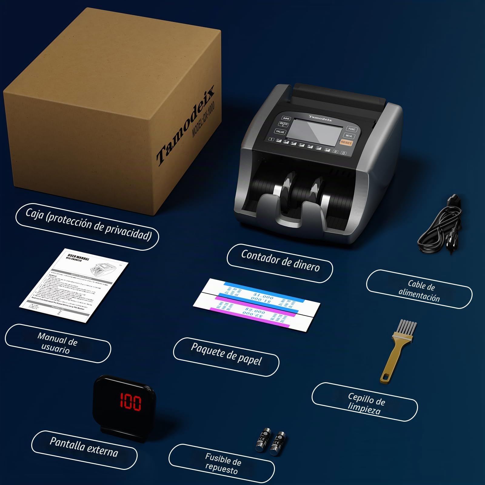NX270 Contador de Billetes Máquina Contadora de Efectivo en Euro y USD y GBP con LCD Grande y Pantalla Externa para Pequeñas Empresas, No cuenta montos mixtos