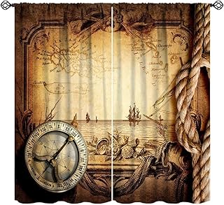 Pirate Map Curtains, Nautical Theme Old Ancient Treasure Map Secret Sea History Pattern Blackout Window Drapes for Kids Boys Bedroom Living Room 42x45 Inch