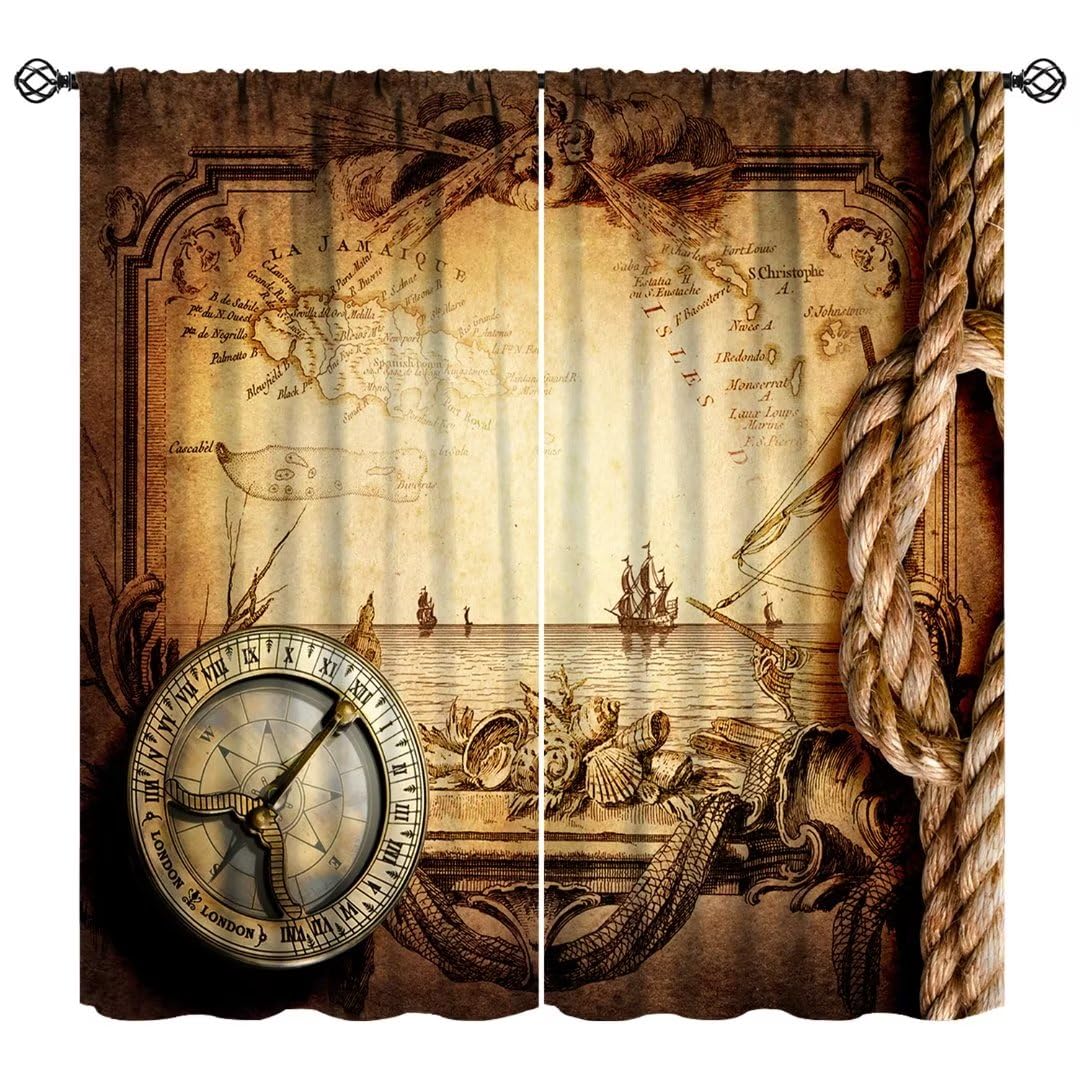 Pirate Map Curtains, Nautical Theme Old Ancient Treasure Map Secret Sea History Pattern Blackout Window Drapes for Kids Boys Bedroom Living Room 42x54 Inch