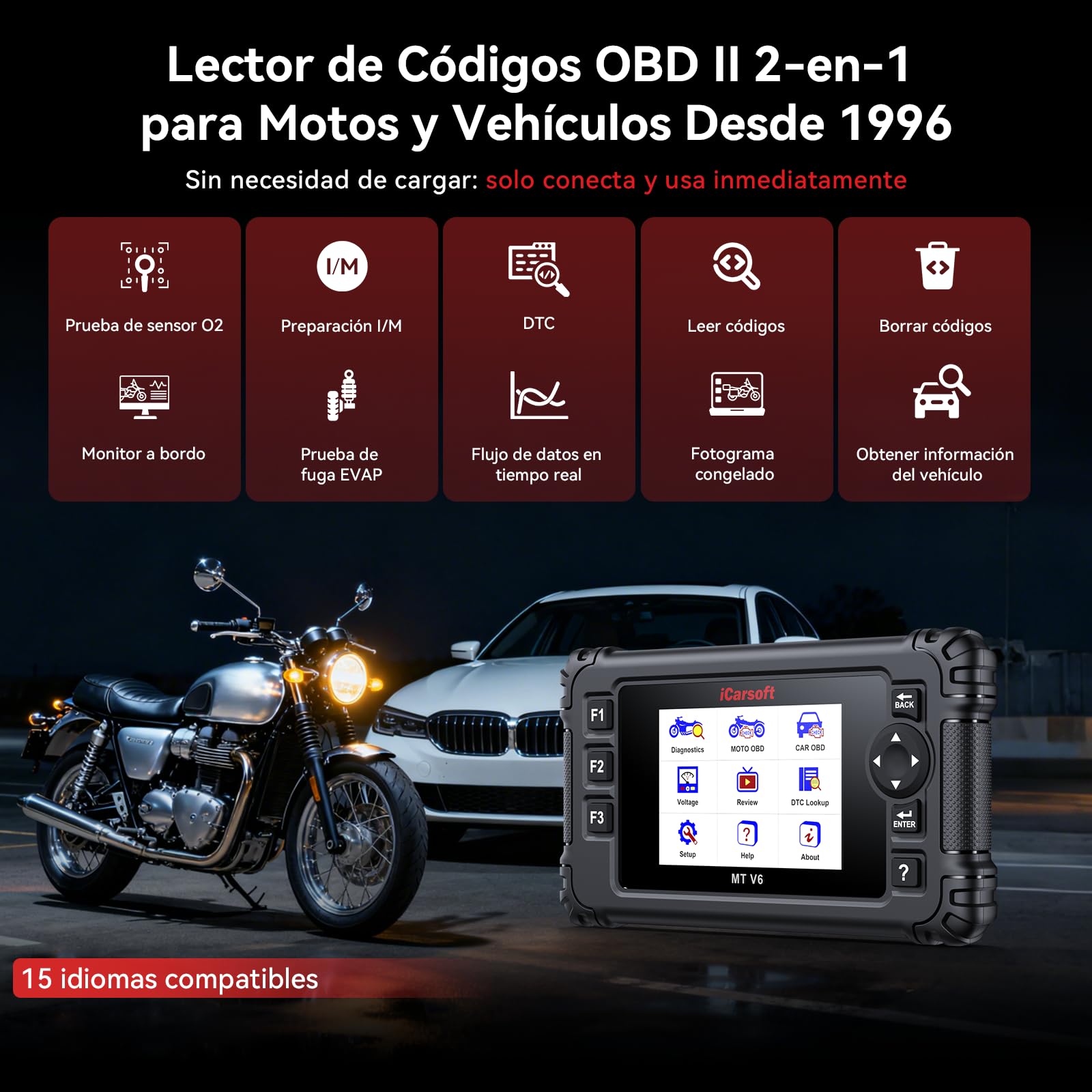 iCarsoft MT V6 para Triumph Moto, Herramienta de Diagnosis de Sistema Completo hasta 53 Servicios hasta 55 Pruebas Activas Lector de códigos de Motor Prueba de batería y actualización de por Vida