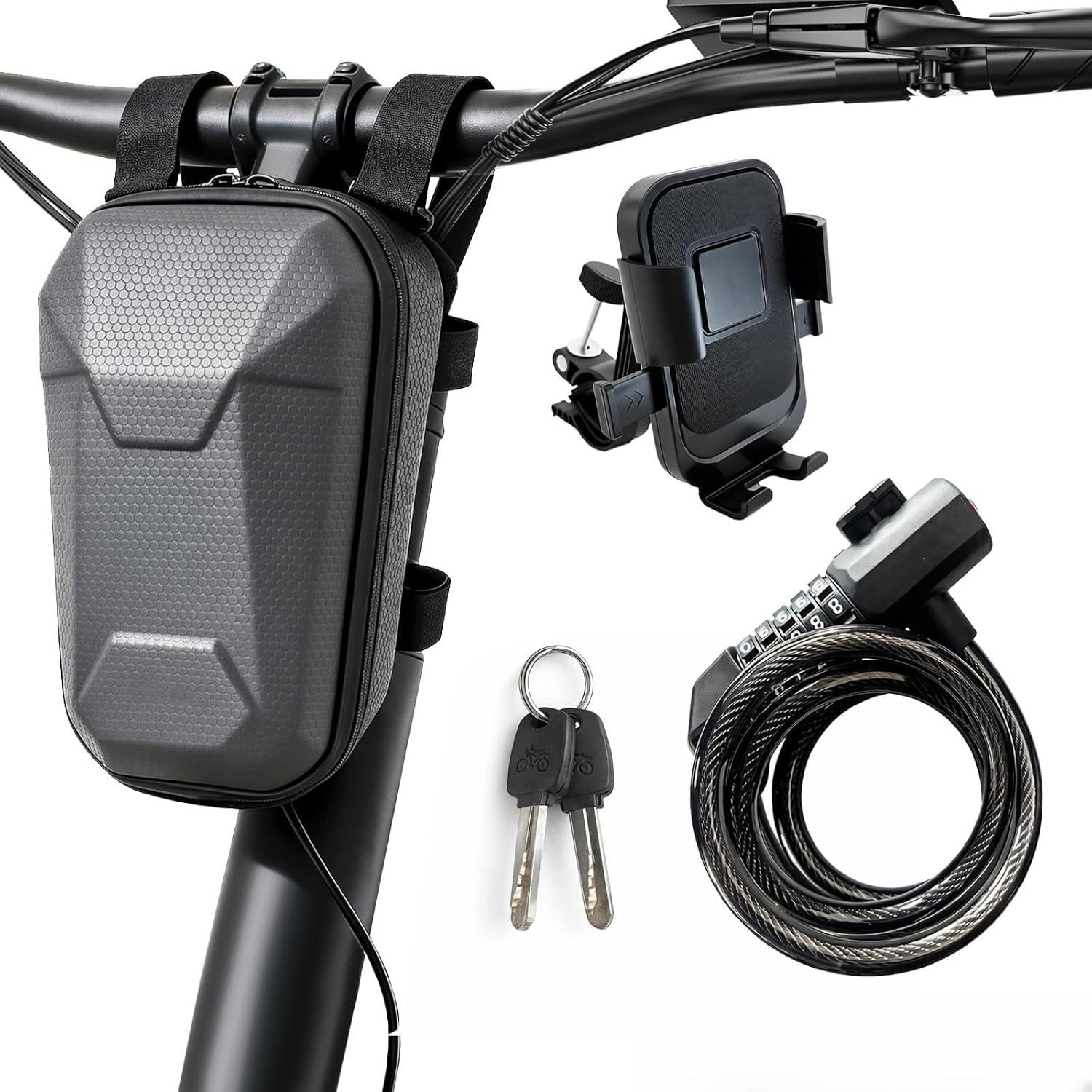 3-in-1 Electric Scooter Accessories Bundle - Waterproof EVA Hard Shell Handlebar Bag, Dual-Unlock Cable Lock with Key & Password, and Universal Phone Holder for Ebike and Scooter