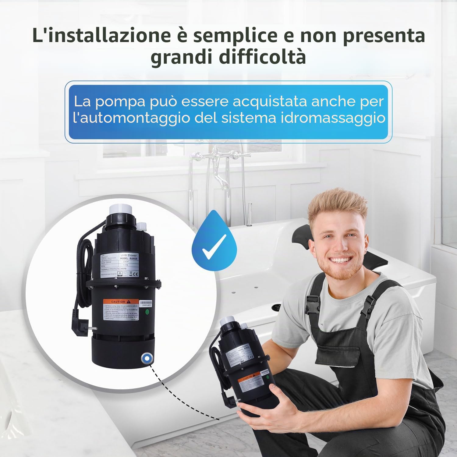 AQUADE Soffiatore per vasca idromassaggio, silenzioso, pneumatico, 300 W, per vasca idromassaggio, per vasca idromassaggio, per esterni, per esterni, per idromassaggio, 300 W, 230 V