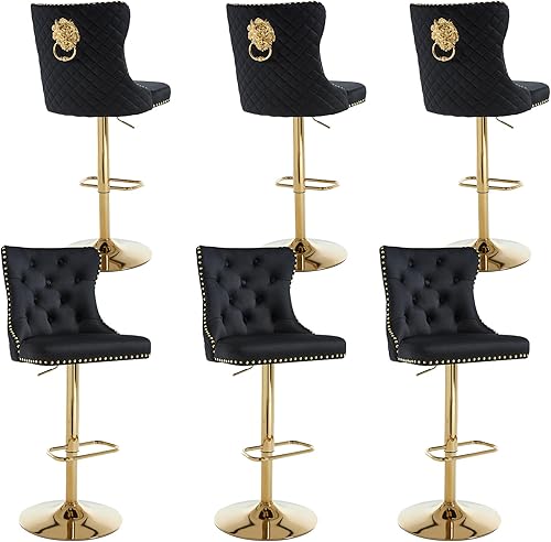 Miniatura 79 de Juego de 4 taburetes de bar giratorios ajustables de terciopelo con respaldo copetudo, ribete de cabezas de clavos y anillo de tracción, sillas de