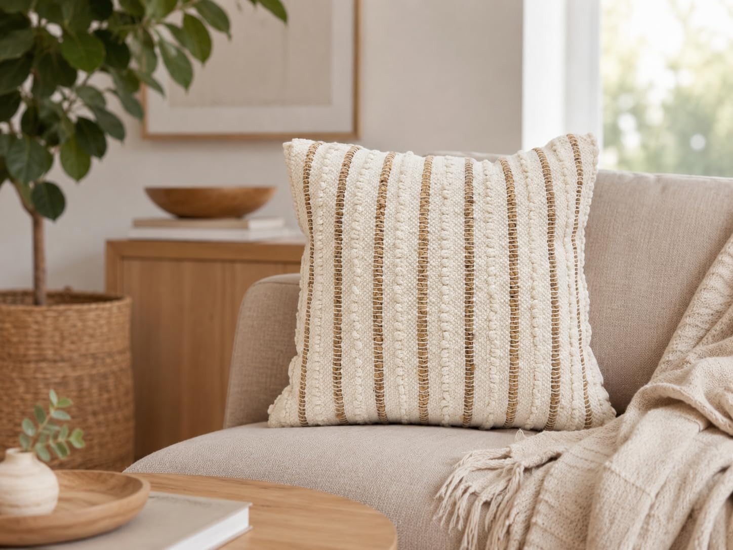 Rich Home Collection Boho Striped Cushion Cover, Cream and Natural, Handwoven Cotton, 50x50 cm, Envelope Closure Pack of 2-image-31