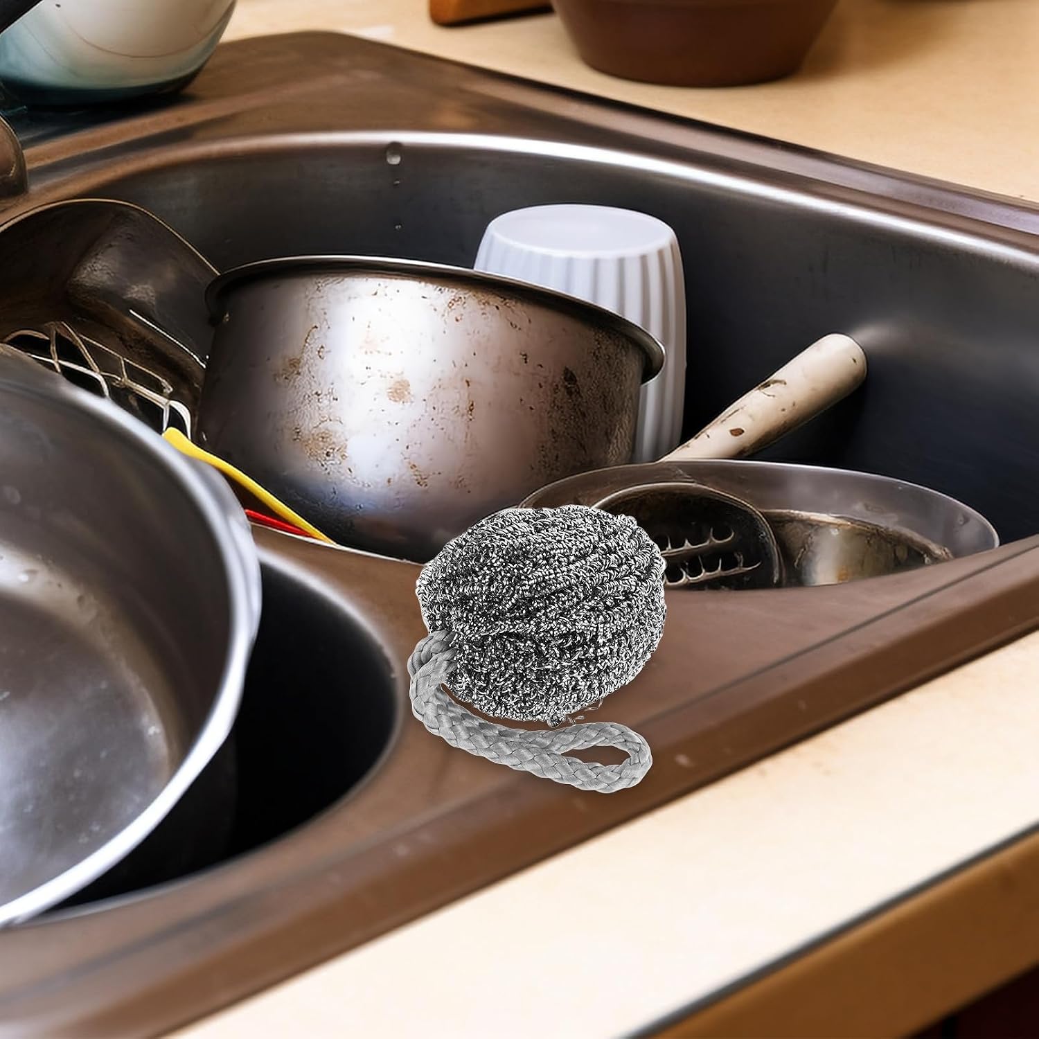 Cabilock 2pcs Metal Dish Scrubber Brushes for Kitchen Use with Lintfree Cleaning and Versatile Usage, for Dishes and Wok Scrubbing, Sturdy Stainless Steel Wire Ball with Hanging Rope