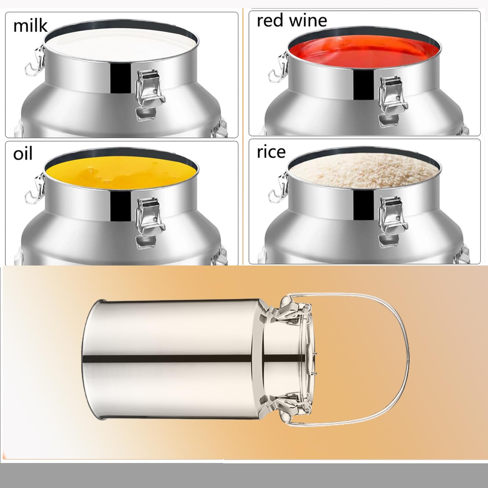 Lattiera ermetica in acciaio inox con LiSealeBucket con 3 clip di bloccaggio e SiSeal per latte fresco a prova di perdite