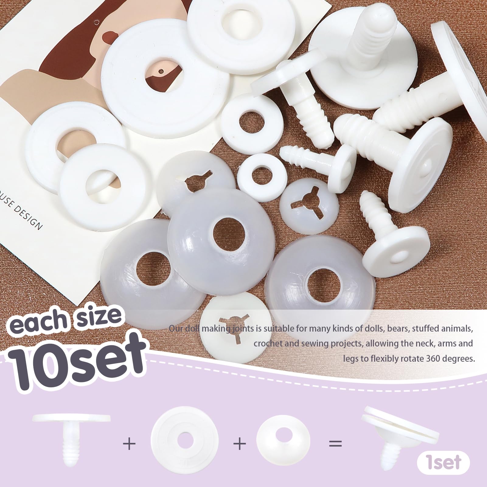 Kit 42 Articulations Peluche Plastique Blanc – Tailles 15mm 20mm 25mm 30mm 35mm 40mm, Joints Et Rondelles Pour Bras Jambes Tête Ours Nounours DIY