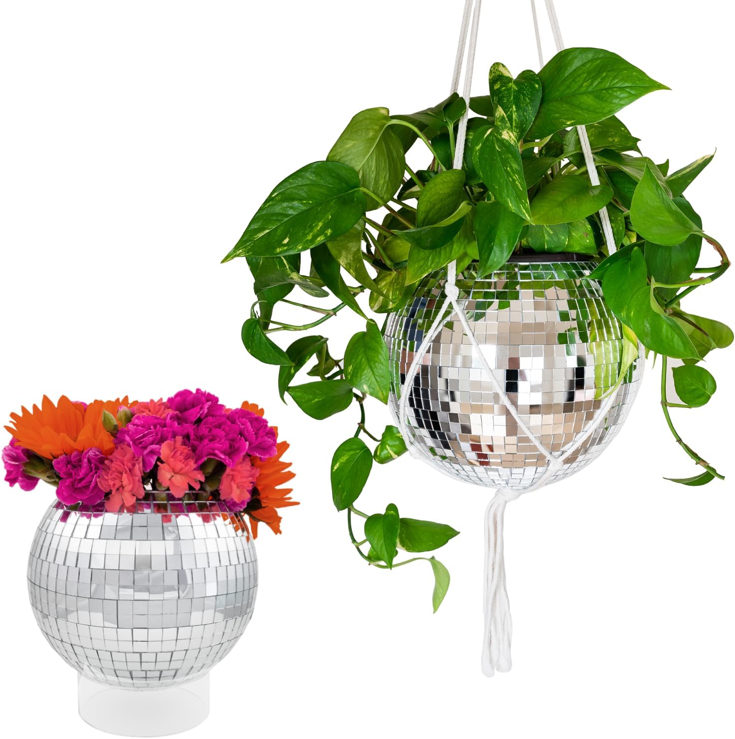 DADO Disco Ball Planter - Unieke Plantenpot voor Kamerplanten - Boho Hangende Planter - Plantenbak (Zilver, 20,3 cm