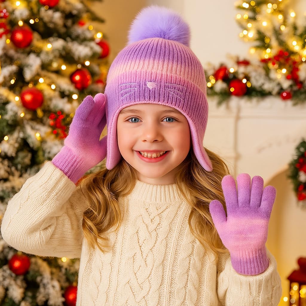 Girls Winter Hat and Gloves Set, Kids Cat Embroidered Knit Beanie with Earflaps Fleece Lined Pom Pom Ski Cap for 2-10Y - Image 8