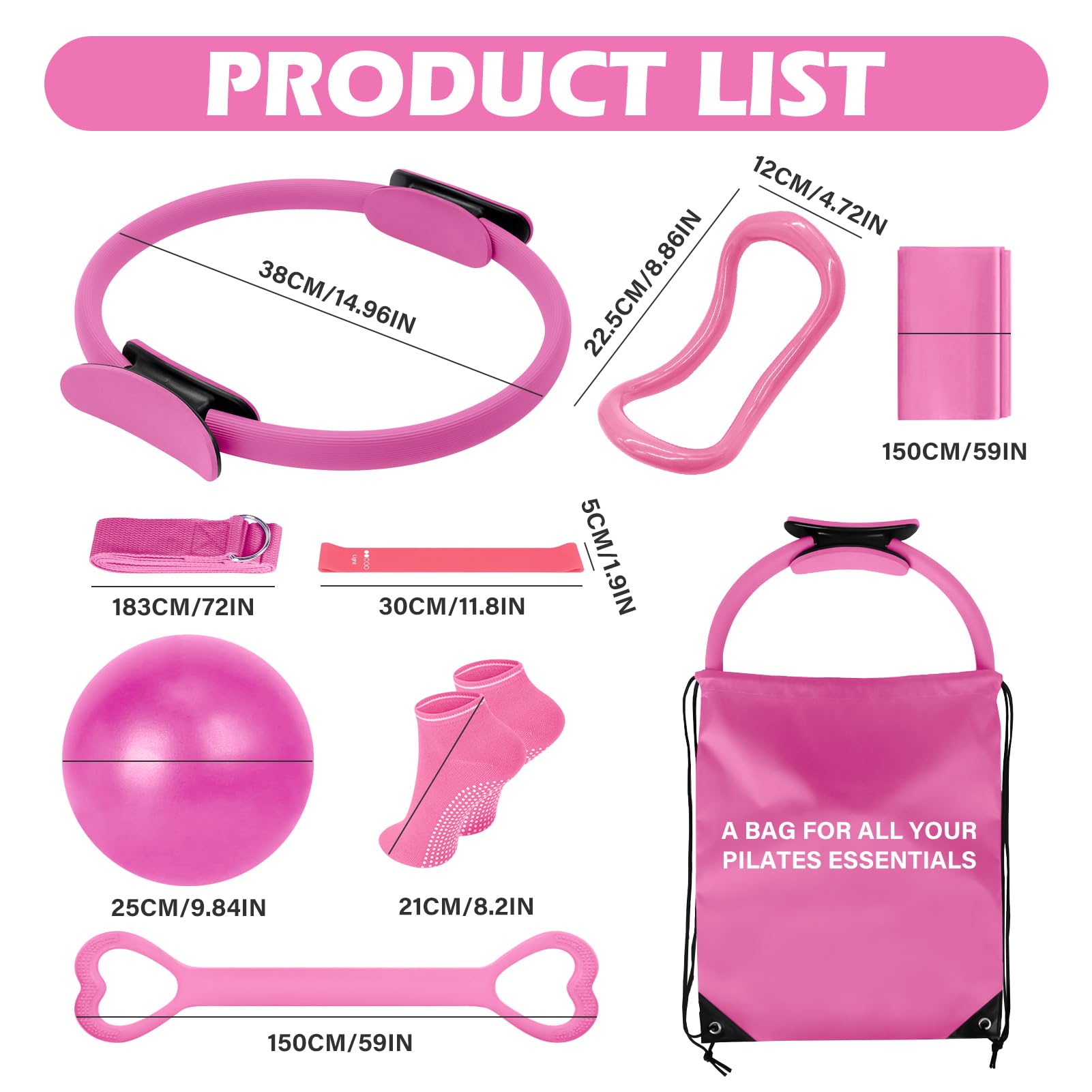 Kit Pilates 10 Pièces – Élastiques, Anneau, Sac De Rangement, Pour Entraînement à Domicile
