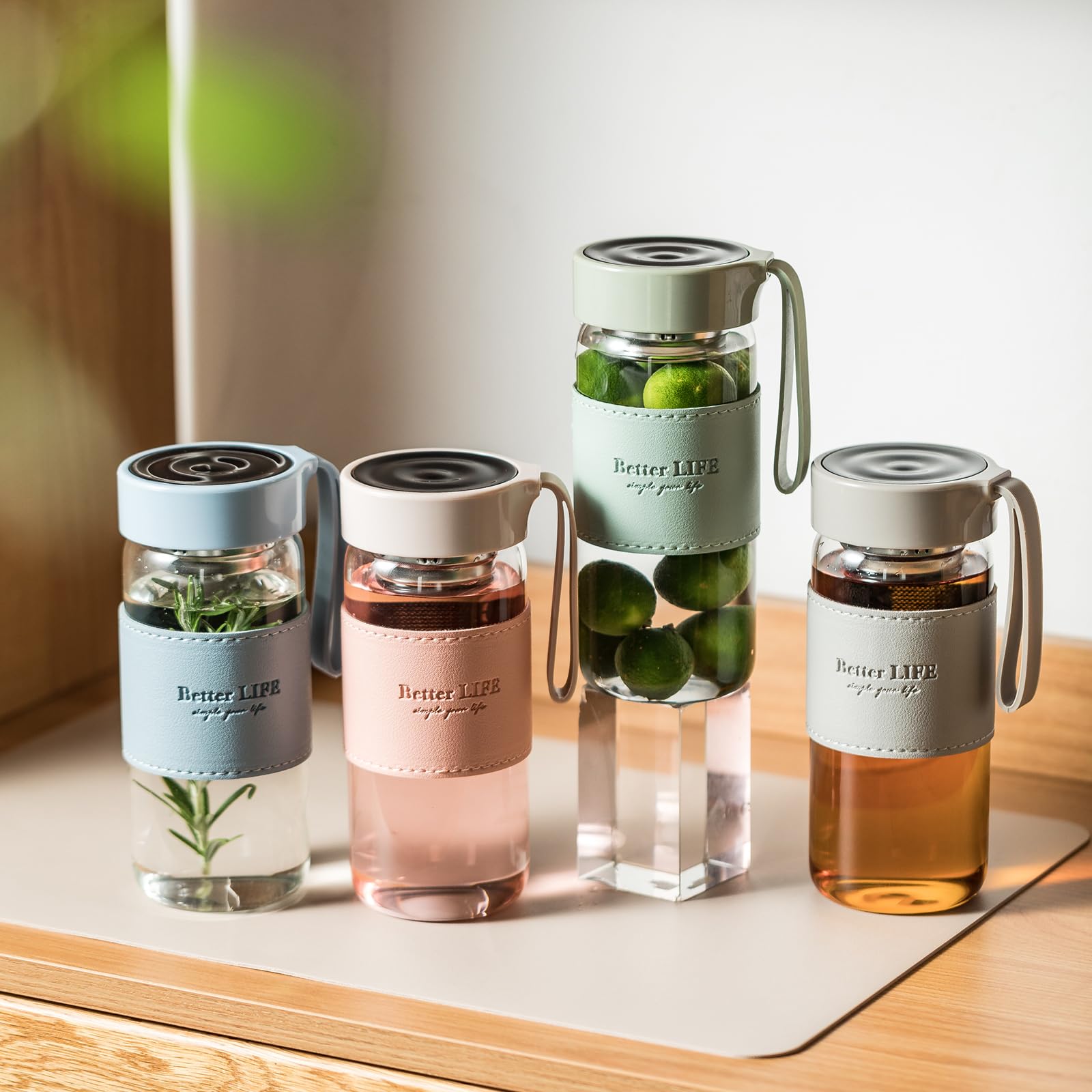 Botella de vidrio de estilo japonés de moda de 480 ml con infusor de té, manga aislante, botellas de alta temperatura para beber leche (rosa)